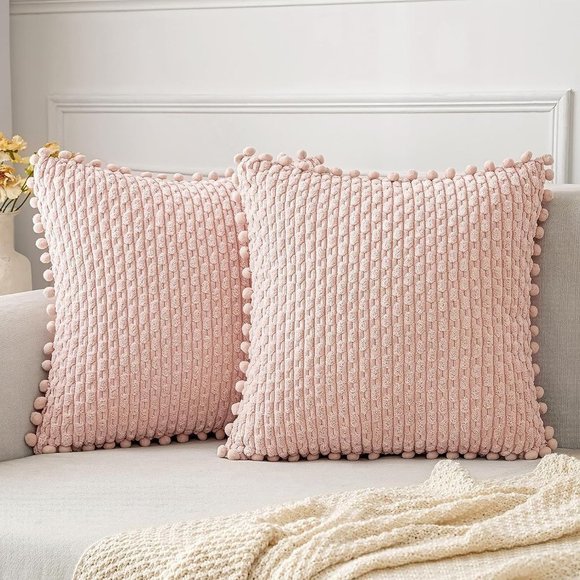 Pompom Pink Stripe Texture Corduroy Farmhouse Cute Luxury Soft Pillow Cover Set - Picture 7 of 7